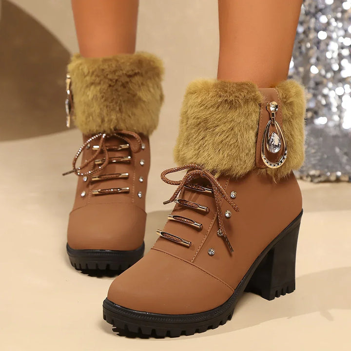 Faux Fur Ankle Boots for Women with Block Heel and Rhinestone Detail
