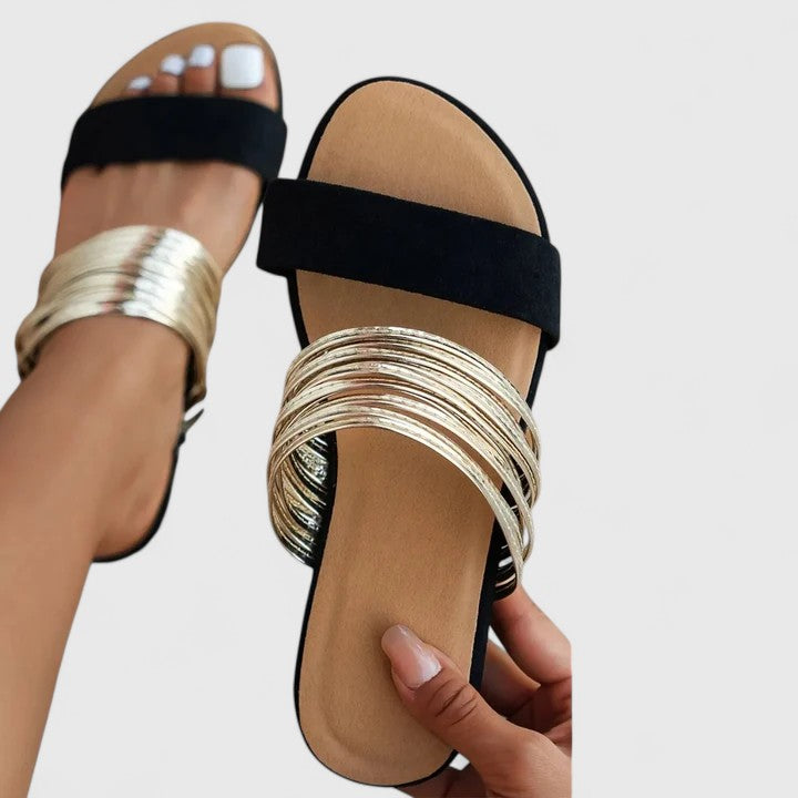 Women's Embellished Flat Sandals with Gold Accents