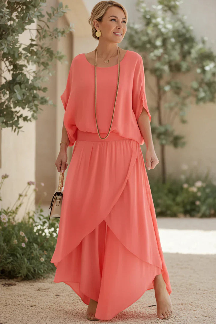 Two Piece Flowy Set for Women - Elegant Coral Outfit