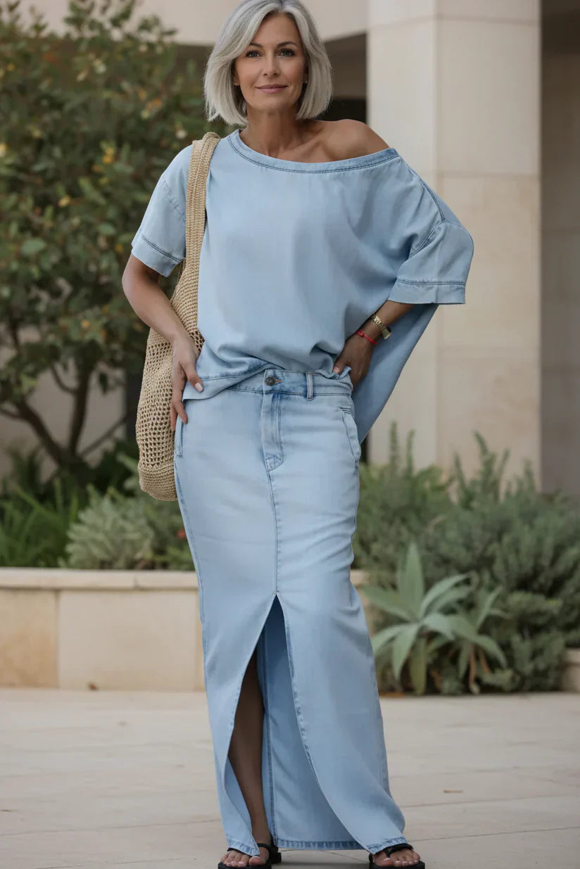 Denim Two Piece Set with Off Shoulder Top and Maxi Skirt