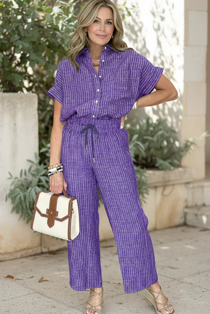 Two Piece Pinstripe Set for Women - Tailored Wide Leg Pants and Button Top
