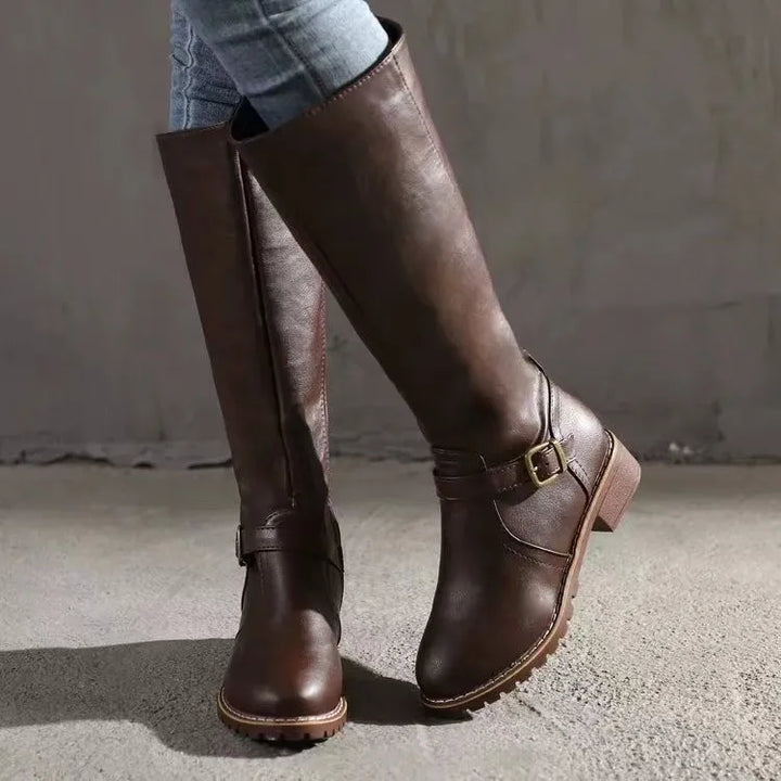 Brown Knee High Boots for Women with Block Heel and Buckle Detail