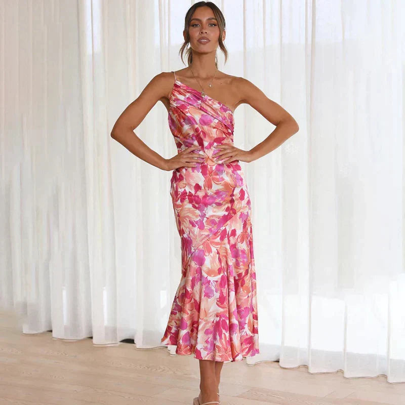 Asymmetrical One Shoulder Dress with Floral Print for Women