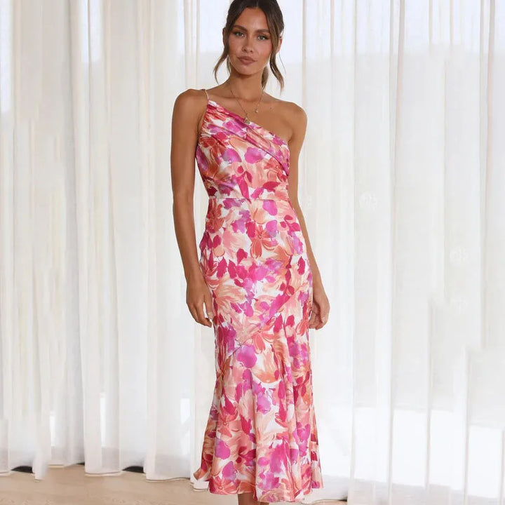 Asymmetrical One Shoulder Dress with Floral Print for Women