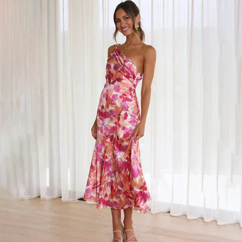 Asymmetrical One Shoulder Dress with Floral Print for Women
