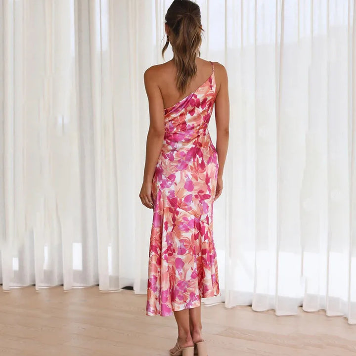 Asymmetrical One Shoulder Dress with Floral Print for Women