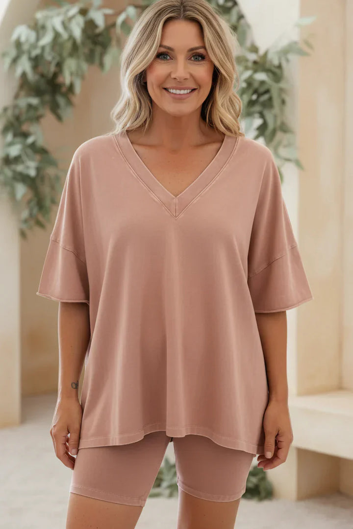 Two Piece Lounge Set for Women - Relaxed V Neck Top and Shorts