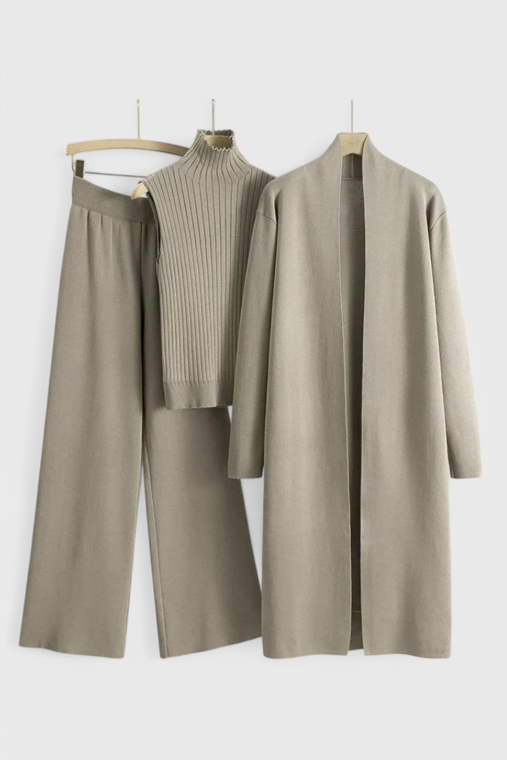 3-Piece Knit Set Long Cardigan Wide Leg Pants Turtleneck