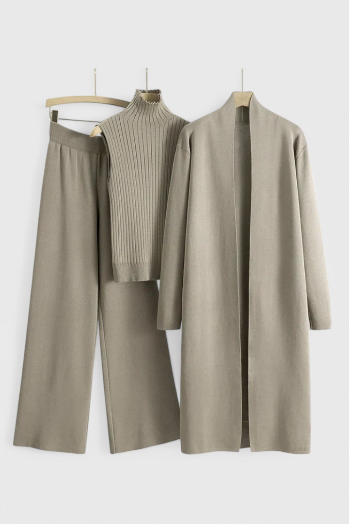 3-Piece Knit Set Long Cardigan Wide Leg Pants Turtleneck