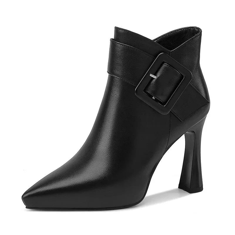 Pointed Toe Ankle Boots with Buckle Detail and High Heel