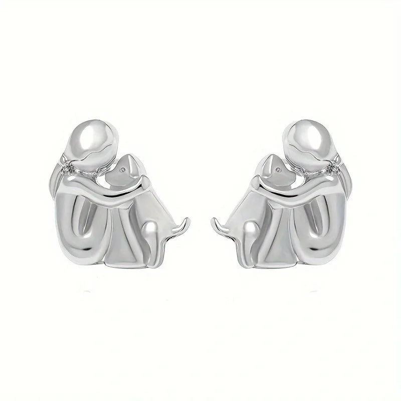 Dog Hug Stud Earrings Two Tone Gold Silver Pet Lover Gift