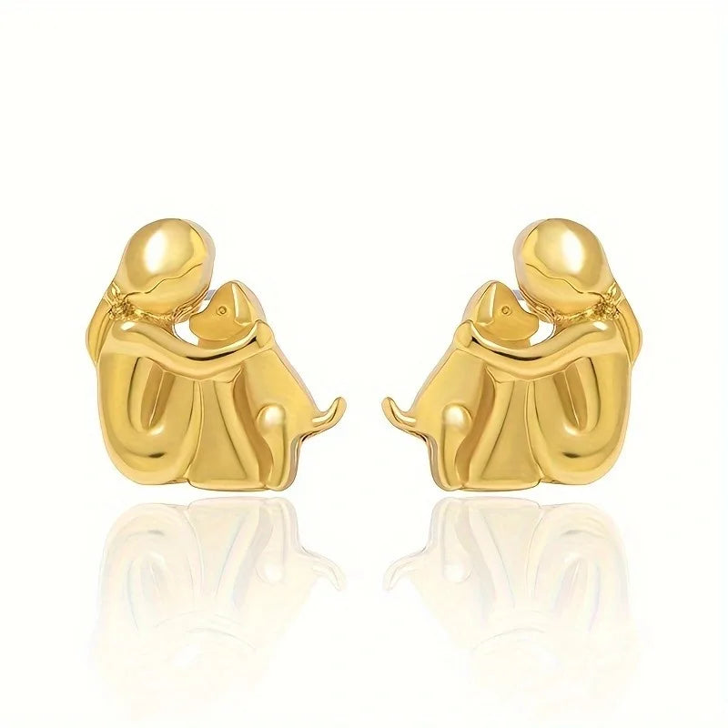 Dog Hug Stud Earrings Two Tone Gold Silver Pet Lover Gift