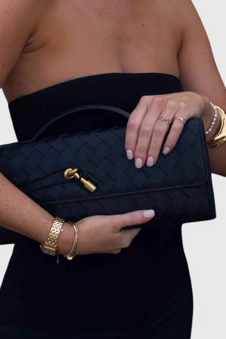 Baguette Clutch Bag with Gold Knot Detail and Crossbody Strap