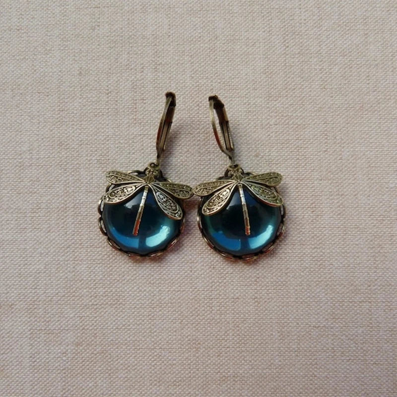 Dragonfly Earrings Antique Gold Vintage Style Statement Earrings