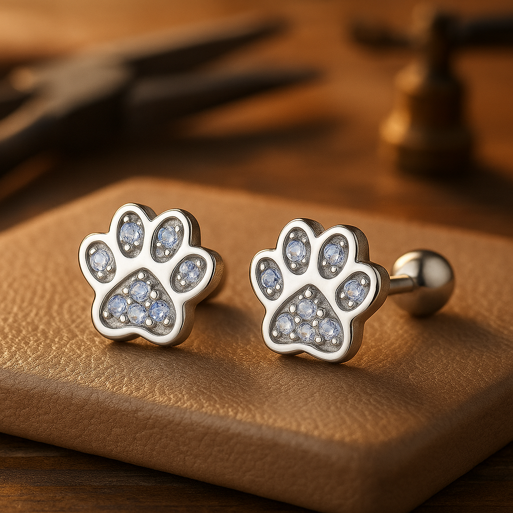 Sterling Silver Paw Print Earrings with Crystal Accent Studs