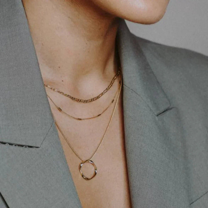 Gold Circle Necklace Three Row Layered Delicate Statement Jewelry
