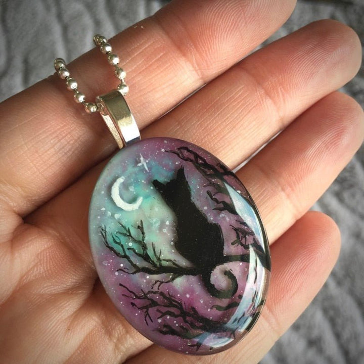 Cat Necklace with Starry Night Design - Whimsical Pendant