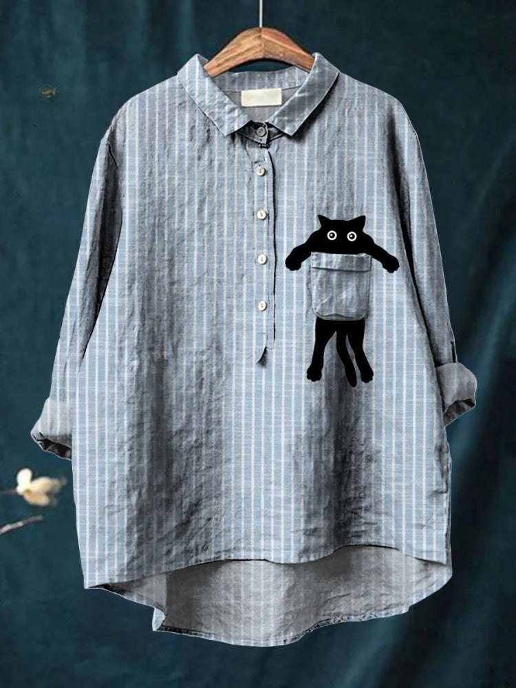Cat Pocket Shirt for Women | Relaxed Fit Button Down Blouse