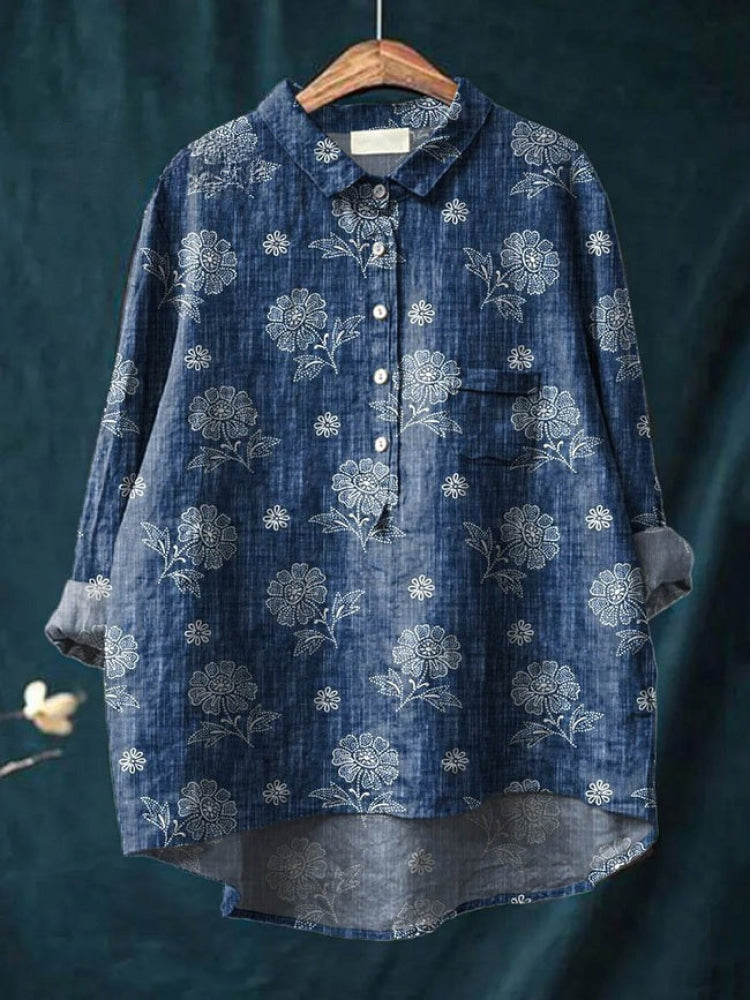 Floral Embroidered Button Down Shirt for Women