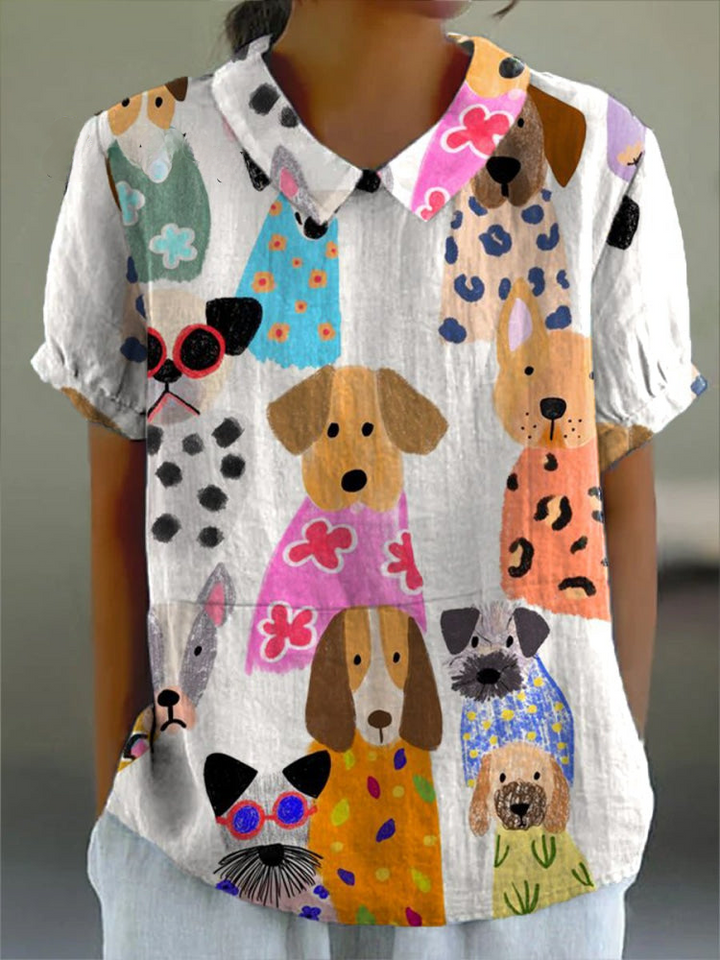 Dog Print Button Down Shirt for Women | Relaxed Fit Cotton Linen
