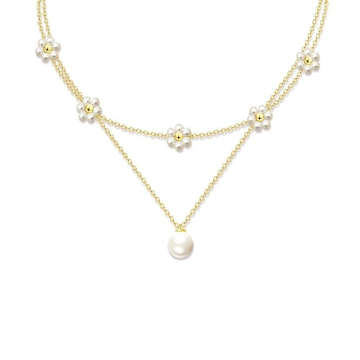 Layered Pearl Necklace with Floral Accent - Gold Statement Jewelry