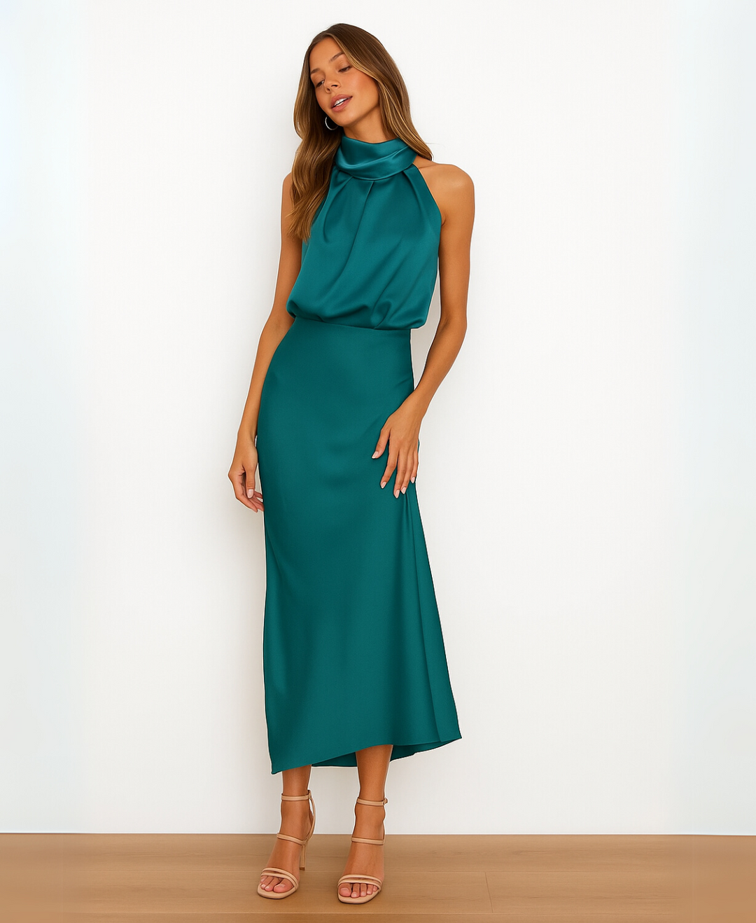 Midi Dress with Draped Neckline - Elegant Stretchy Fitted Dress