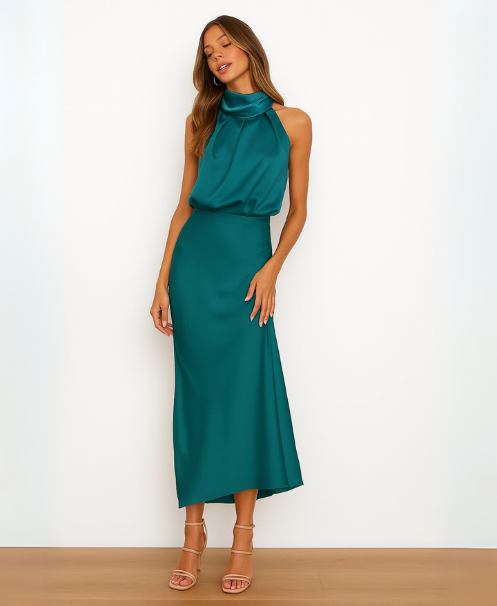 Midi Dress with Draped Neckline - Elegant Stretchy Fitted Dress