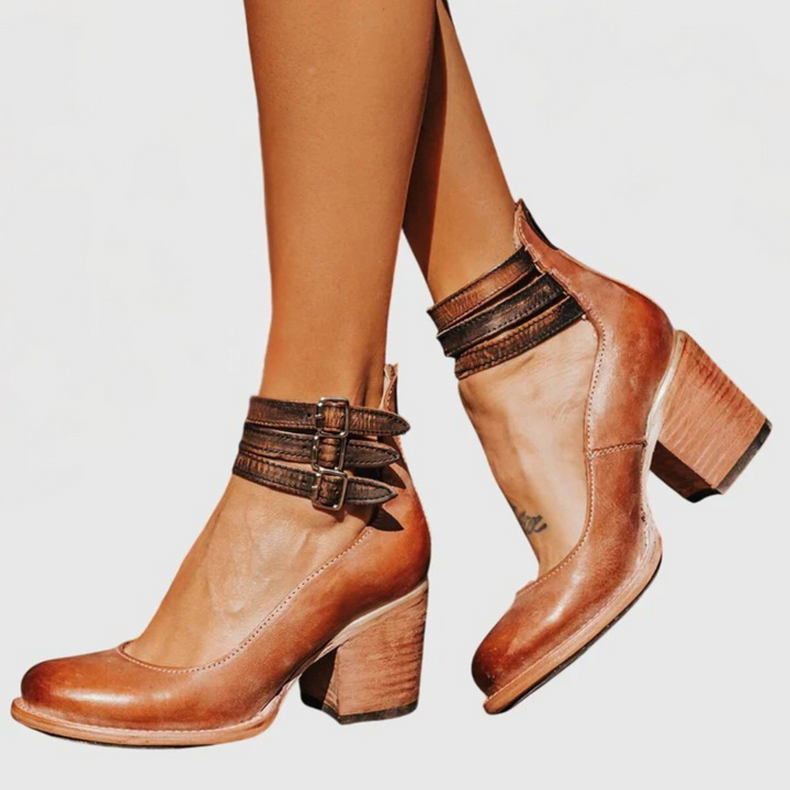 Women's Cutout Ankle Boots with Buckle Straps and Block Heel