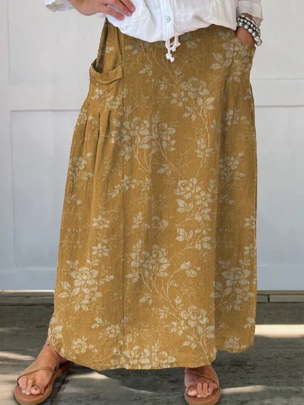Floral Pocket Skirt with Elastic Waist for Women
