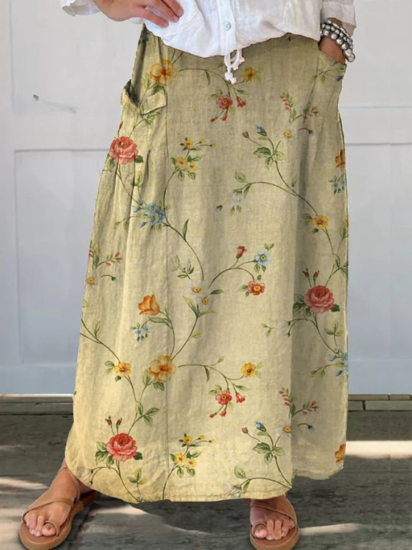 Floral Pocket Skirt with Elastic Waist for Women