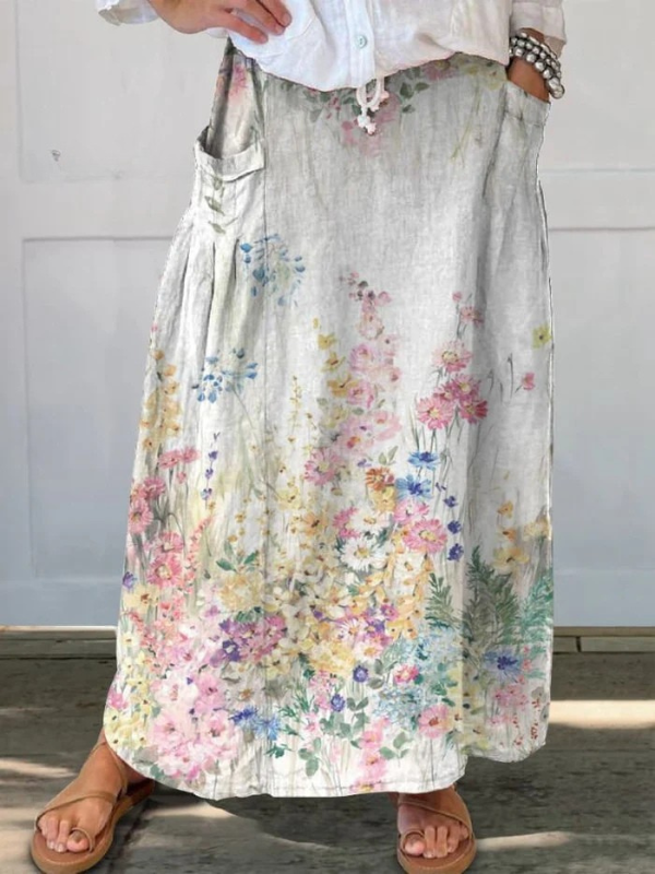 Floral Pocket Skirt with Elastic Waist for Women