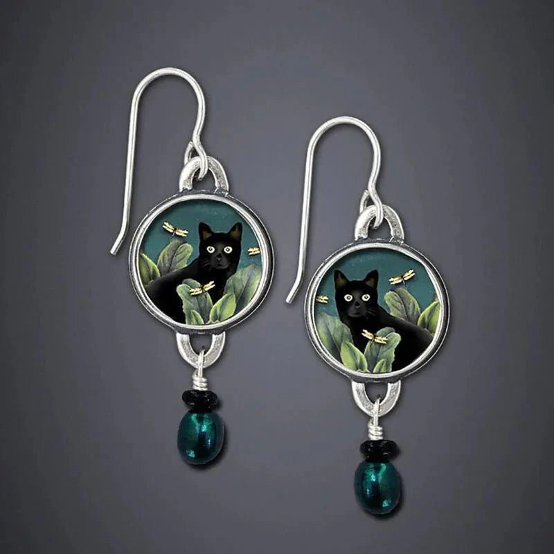 Black Cat Dangle Earrings - Vintage Tropical Statement Jewelry