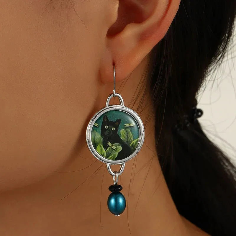Black Cat Dangle Earrings - Vintage Tropical Statement Jewelry