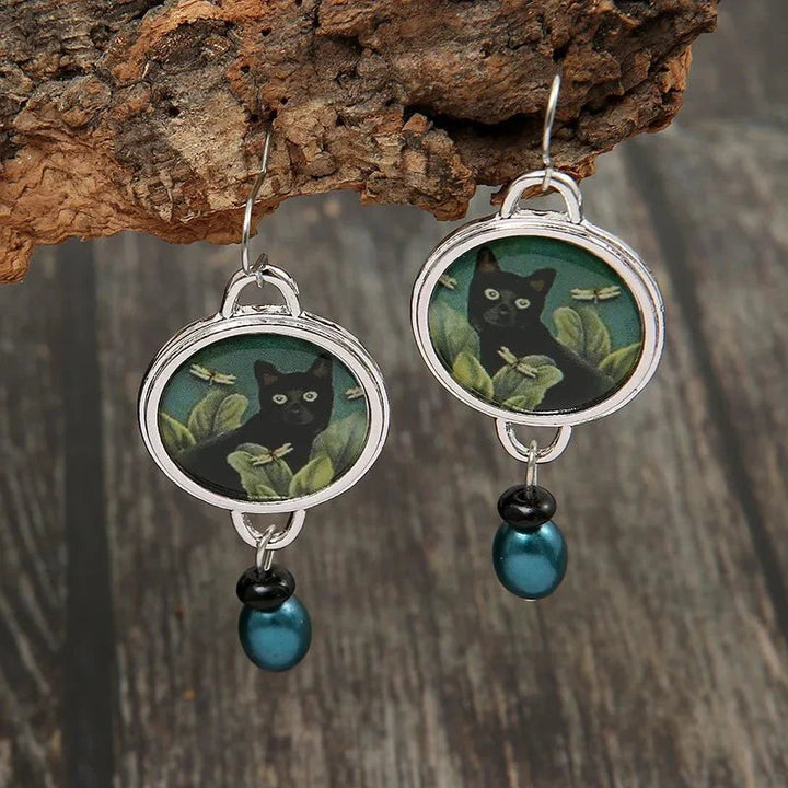 Black Cat Dangle Earrings - Vintage Tropical Statement Jewelry