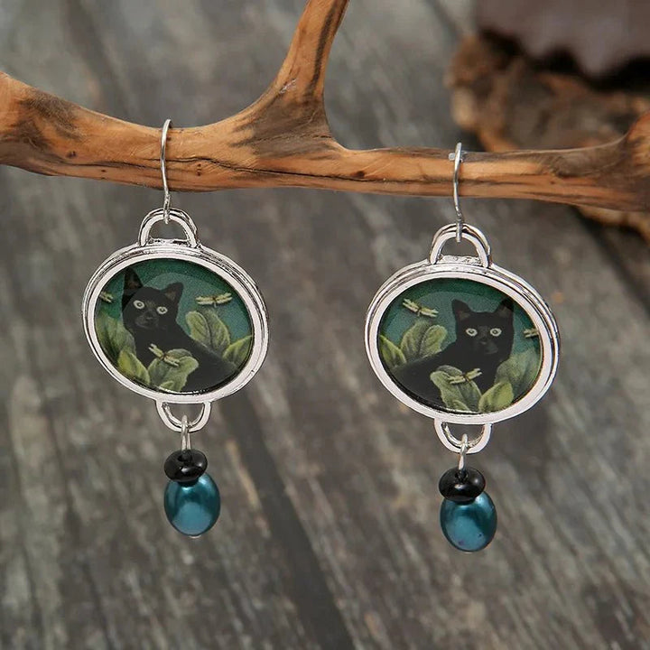 Black Cat Dangle Earrings - Vintage Tropical Statement Jewelry