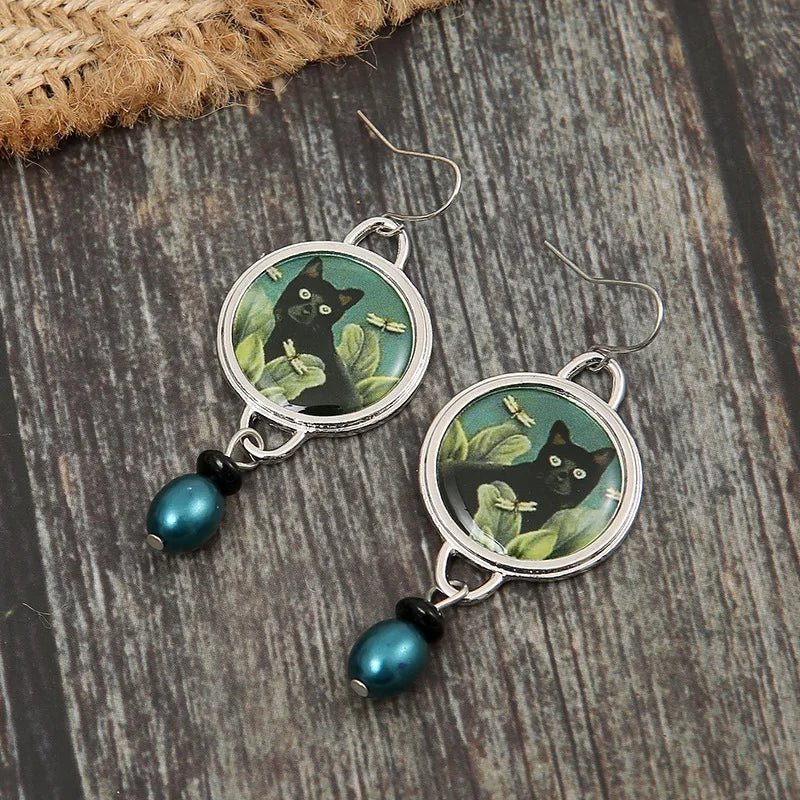 Black Cat Dangle Earrings - Vintage Tropical Statement Jewelry