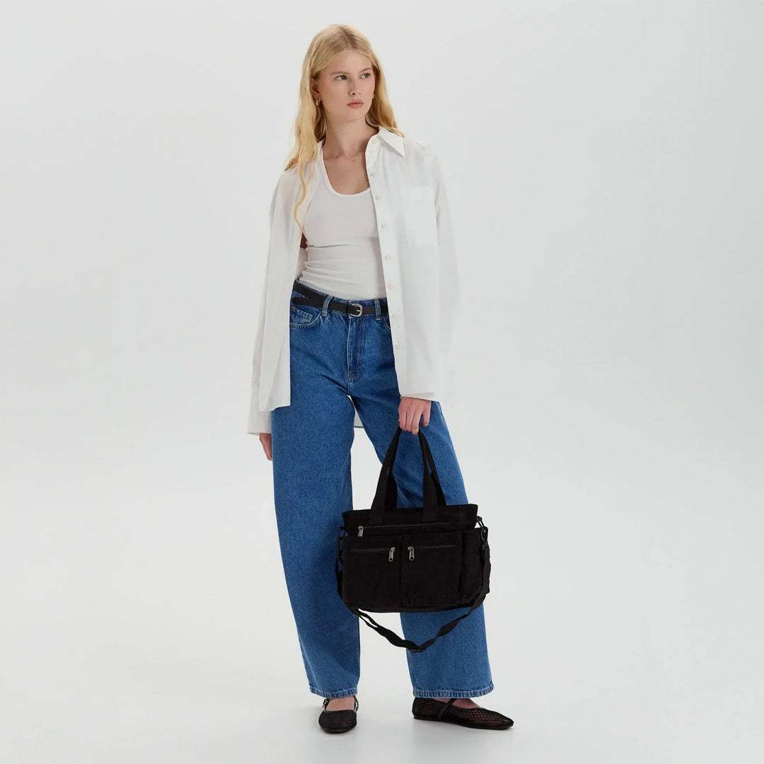 Corduroy Crossbody Bag with Adjustable Strap and Multiple Pockets