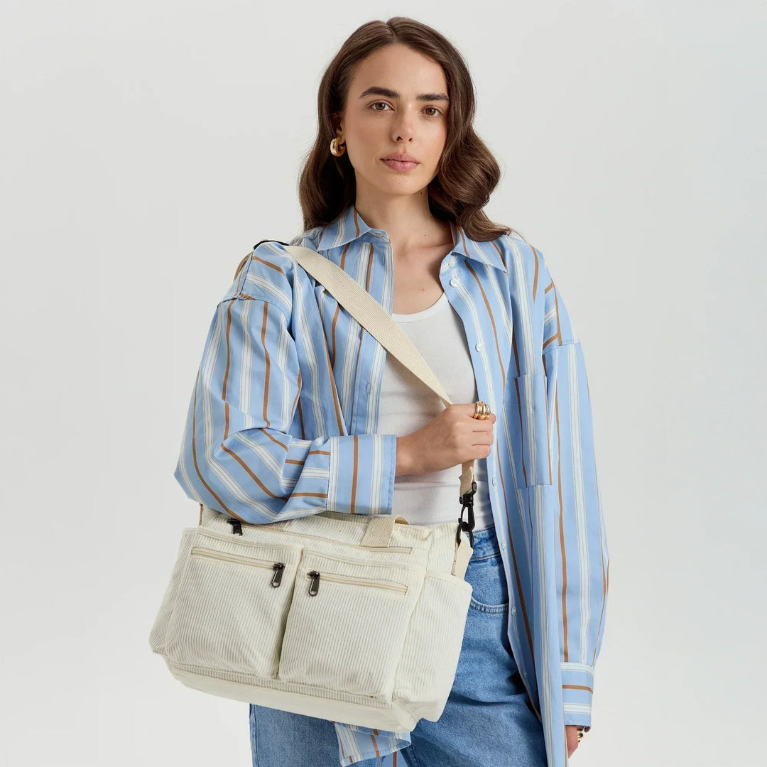 Corduroy Crossbody Bag with Adjustable Strap and Multiple Pockets