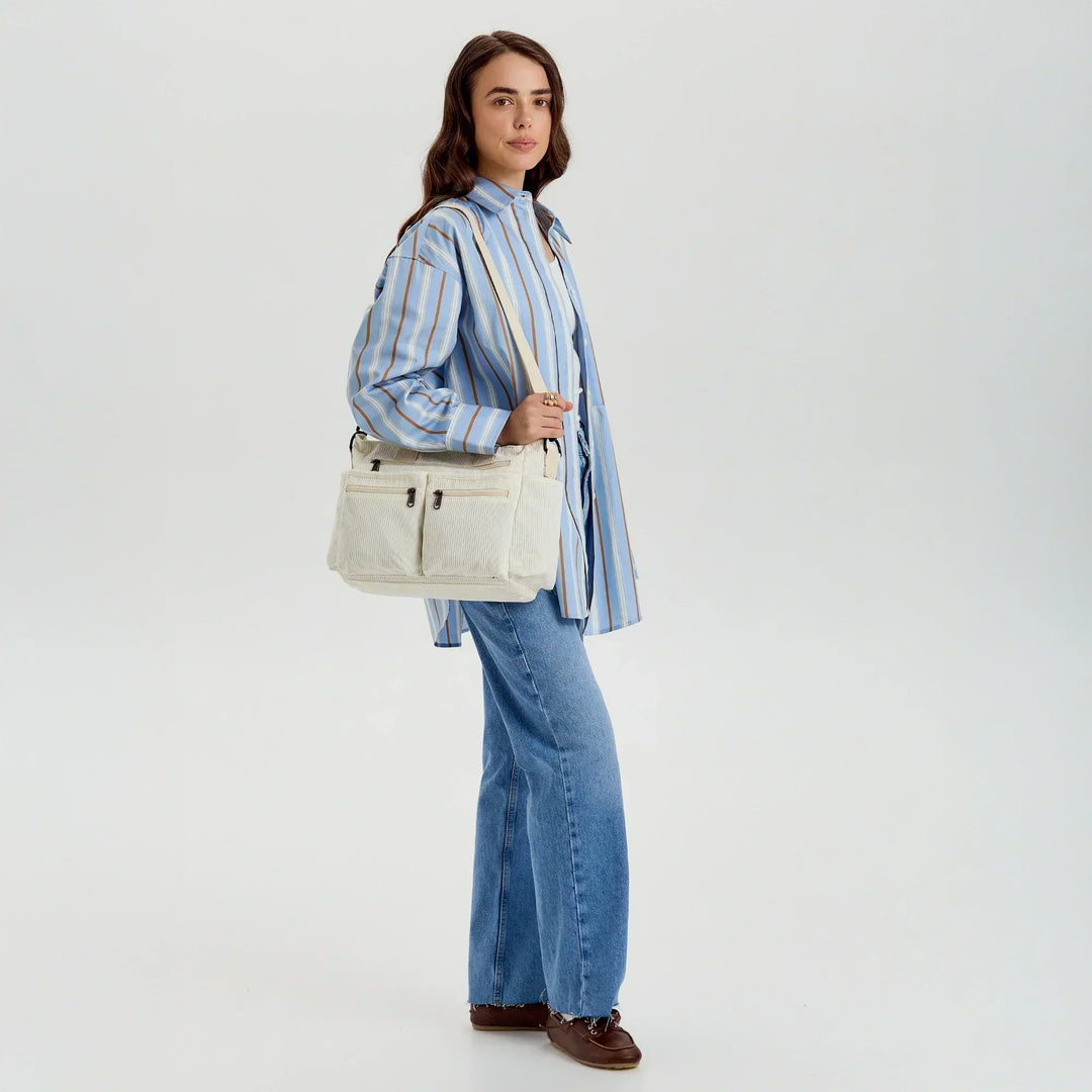 Corduroy Crossbody Bag with Adjustable Strap and Multiple Pockets