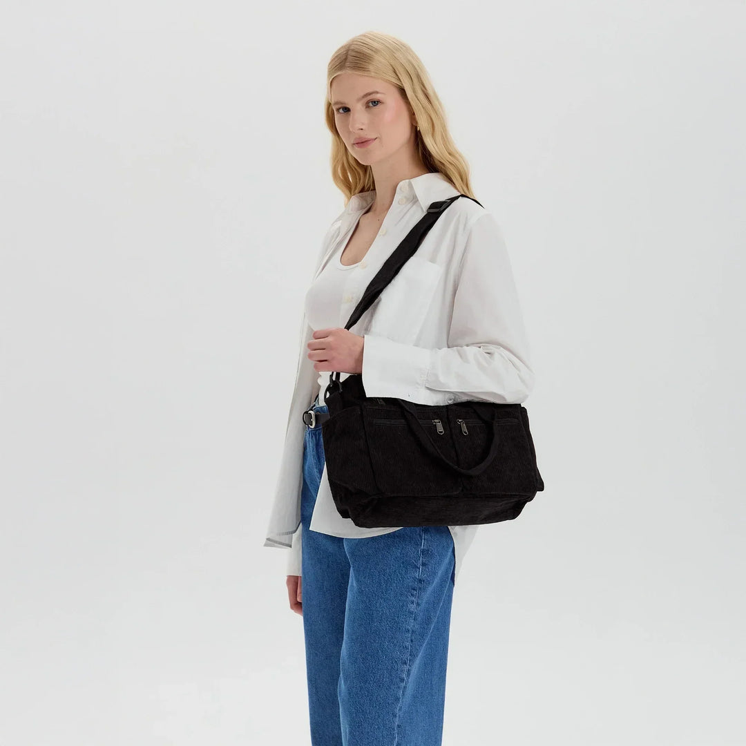 Corduroy Crossbody Bag with Adjustable Strap and Multiple Pockets