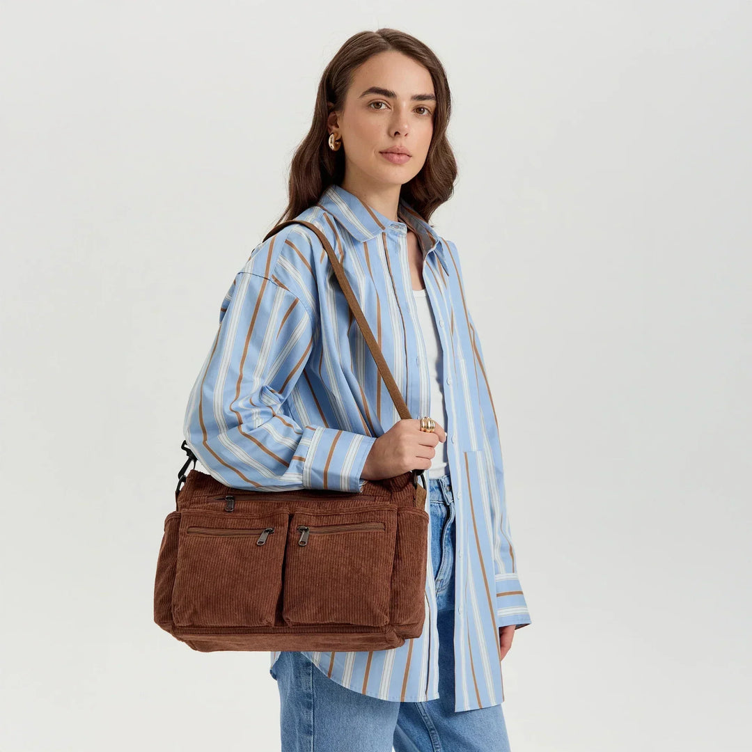 Corduroy Crossbody Bag with Adjustable Strap and Multiple Pockets
