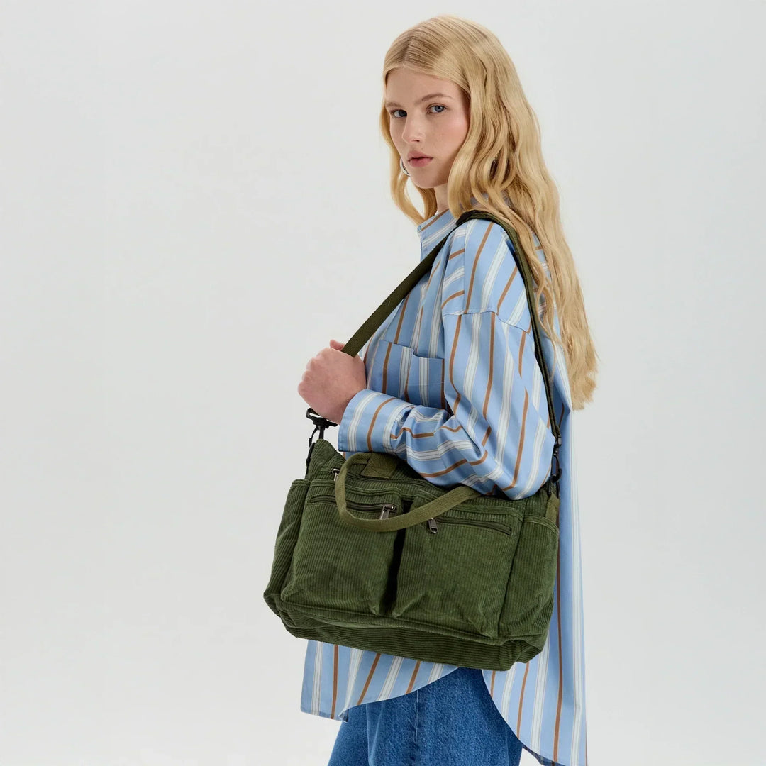 Corduroy Crossbody Bag with Adjustable Strap and Multiple Pockets