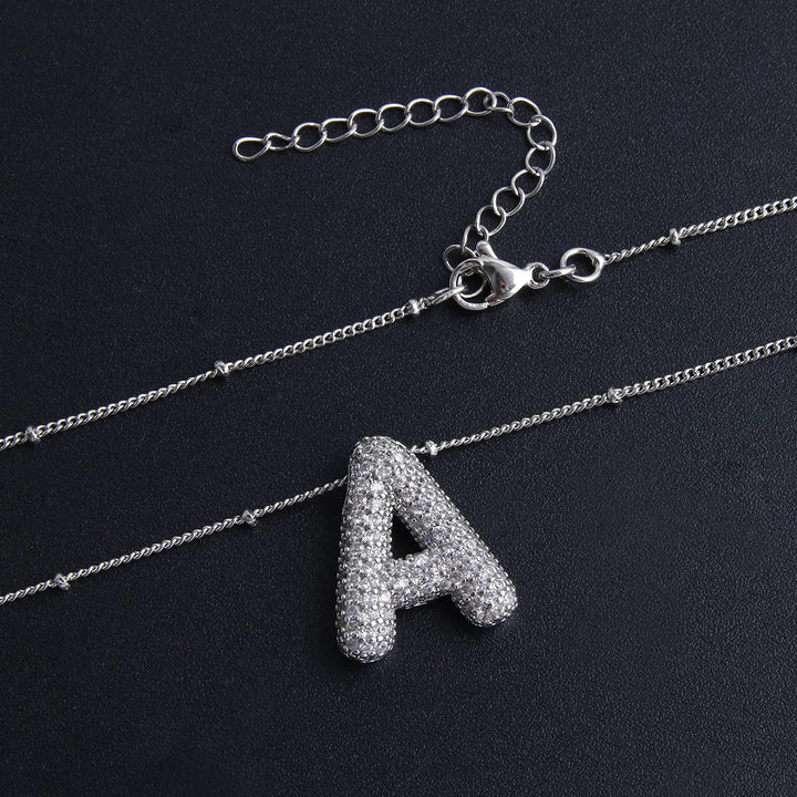 Initial Necklace Set White Gold - Personalized Bubble Letter Pendant