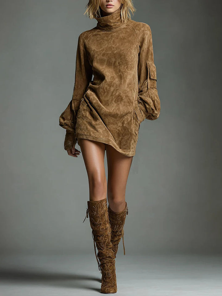High-Neck Suede Mini Dress | Luxe Bohemian Women's Dress