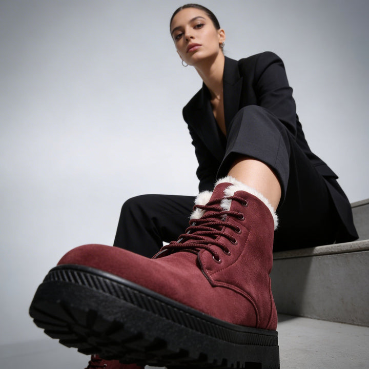 Faux Fur Lined Winter Boots for Women Lace Up Ankle