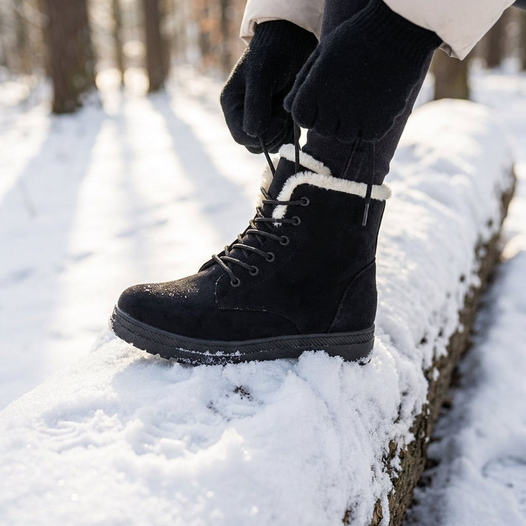 Faux Fur Lined Winter Boots for Women Lace Up Ankle