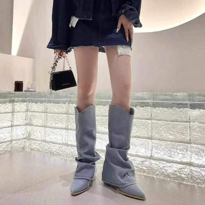 Denim Cowgirl Boots for Women - Slouchy Western Knee High Boots