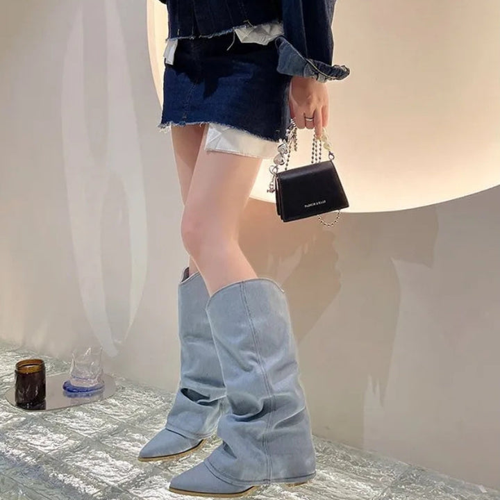 Denim Cowgirl Boots for Women - Slouchy Western Knee High Boots