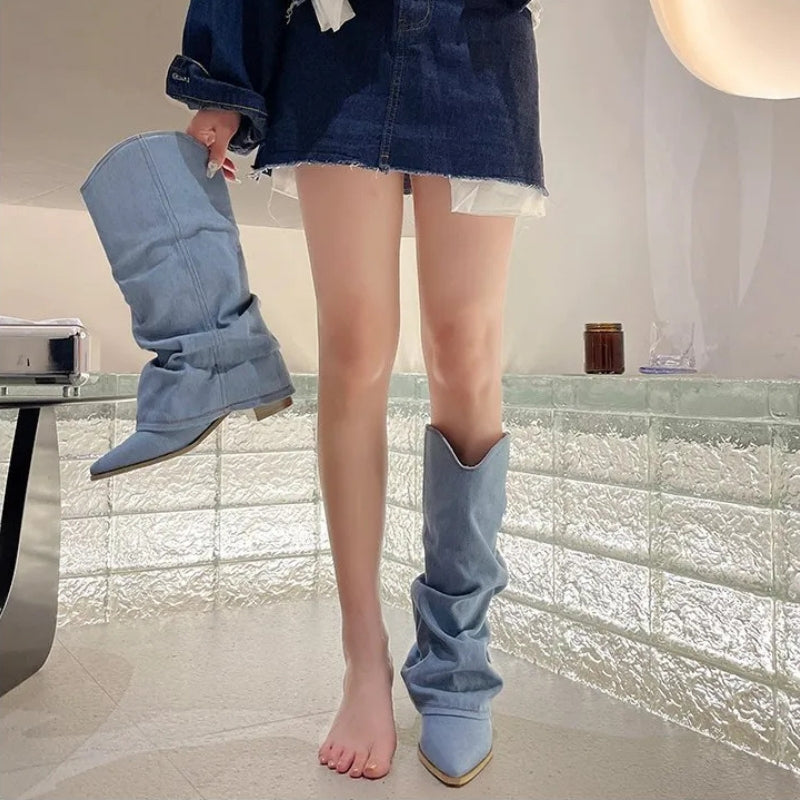 Denim Cowgirl Boots for Women - Slouchy Western Knee High Boots