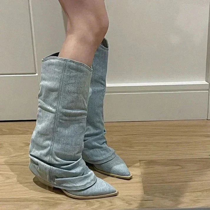 Denim Cowgirl Boots for Women - Slouchy Western Knee High Boots